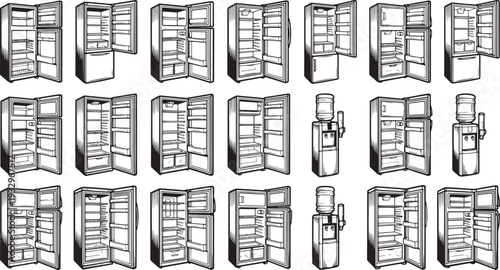A compilation of refrigerators showcase various states of storage and a water dispenser, offering a comprehensive view of kitchen appliances.