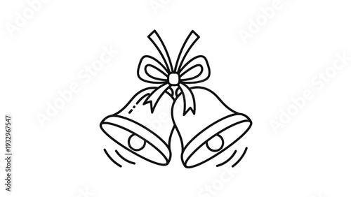 Festive black and white line art illustration of two elegant bells tied together with a decorative bow, symbolizing celebration.