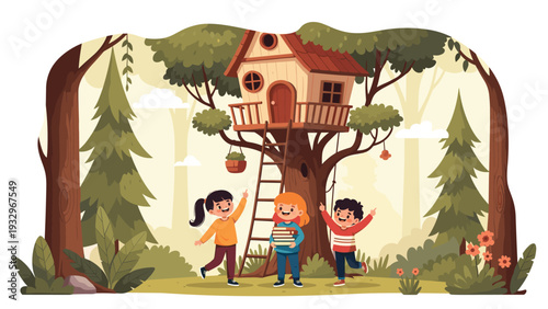 Group of excited children playing together and carrying books near a wooden treehouse in a pine forest on a bright day.