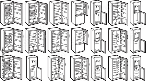 Refrigerators in graphic design, showcasing multiple types of opened and closed refrigerators.