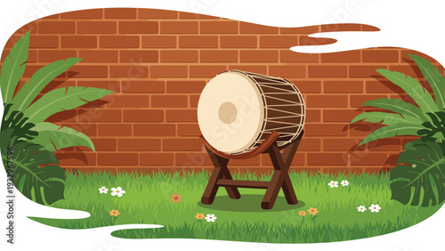 Traditional large wooden drum on a stand sitting in a lush green garden with a brick wall background and tropical plants.