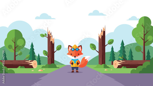 Small fox standing on a road in the middle of a forest where many trees have been cut down and logs are piled up.