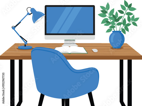Modern Home Office Workspace with Computer Desk Blue Chair and Plant Flat Vector Illustration