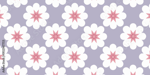 A visually appealing pattern of white flowers with pink centers on a soft lavender background viewed from directly above