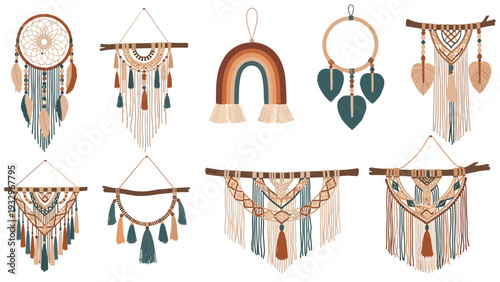 Beautiful collection of bohemian macrame wall hangings and dreamcatchers, featuring intricate knots and earthy tones, perfect for home decor.