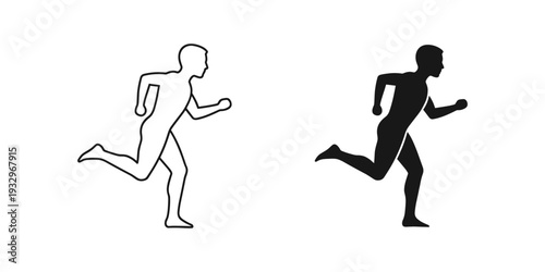 Two figures depicted in contrasting running poses against a plain background