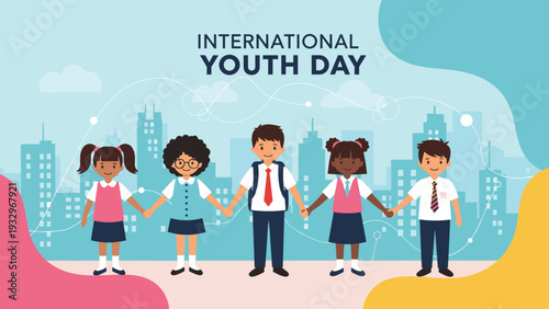 Group of diverse school children holding hands in front of a city skyline for international youth day celebration.