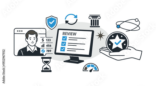 Metrics Governance Collage. Modern minimal flat vector conceptual collage, crisp hard edges, consistent THIN outline stroke,
