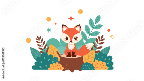 Adorable small fox sitting on a wooden tree stump surrounded by colorful leaves, bushes, and decorative sparkles.