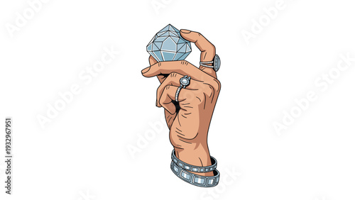 Elegant hand adorned with multiple rings and a bracelet, delicately holding a sparkling, multi-faceted diamond, symbolizing luxury and wealth.