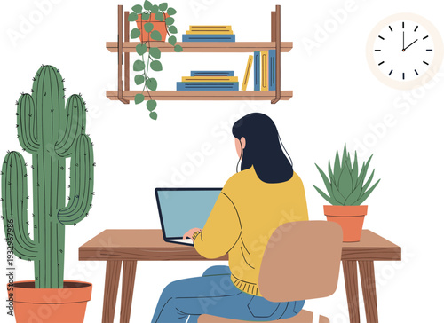 Woman Working at Home Desk with Laptop Cozy Interior Workspace Flat Vector Illustration