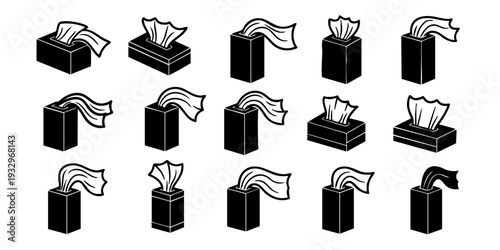 Various tissue boxes with tissues being pulled out in different directions and styles, illustrations showcasing diverse motion and design