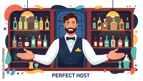 Smiling male host wearing a vest and bow tie welcoming guests to a bar with many shelves of various bottles.