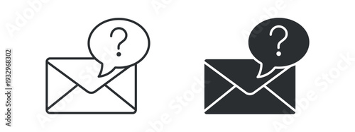 Email with Question Mark Icon Set, Customer Support Message Line and Solid Vector Illustration