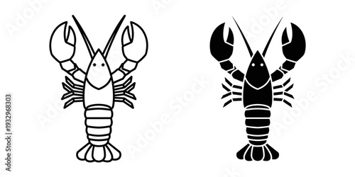 Two stylized black and white illustrations of lobsters facing opposite directions