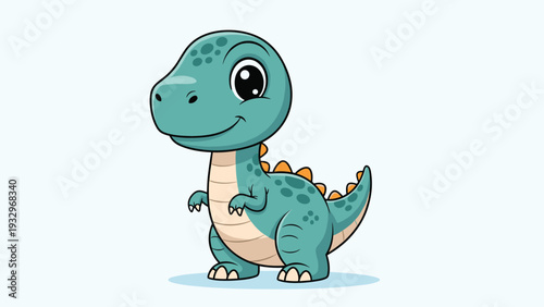 Adorable baby dinosaur illustration featuring a friendly green creature with large expressive eyes and orange spikes.