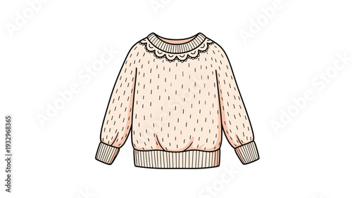 Adorable light pink knitted sweater featuring a charming ruffled collar and textured details, ideal for comfortable and stylish wear.