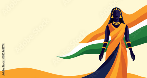 Stylized vector banner, Indian woman in sari with traditional ornaments, against background of waves in palette of Indian flag. For Indian patriotic themes, Independence Day, Republic Day, Women's Day
