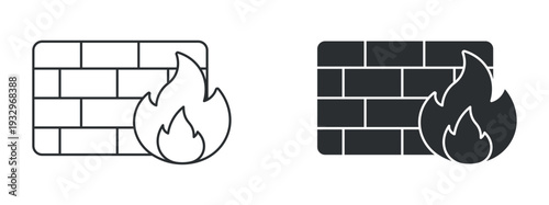 Firewall Protection Icon Set, Security Wall with Flame Line and Solid Vector Illustration