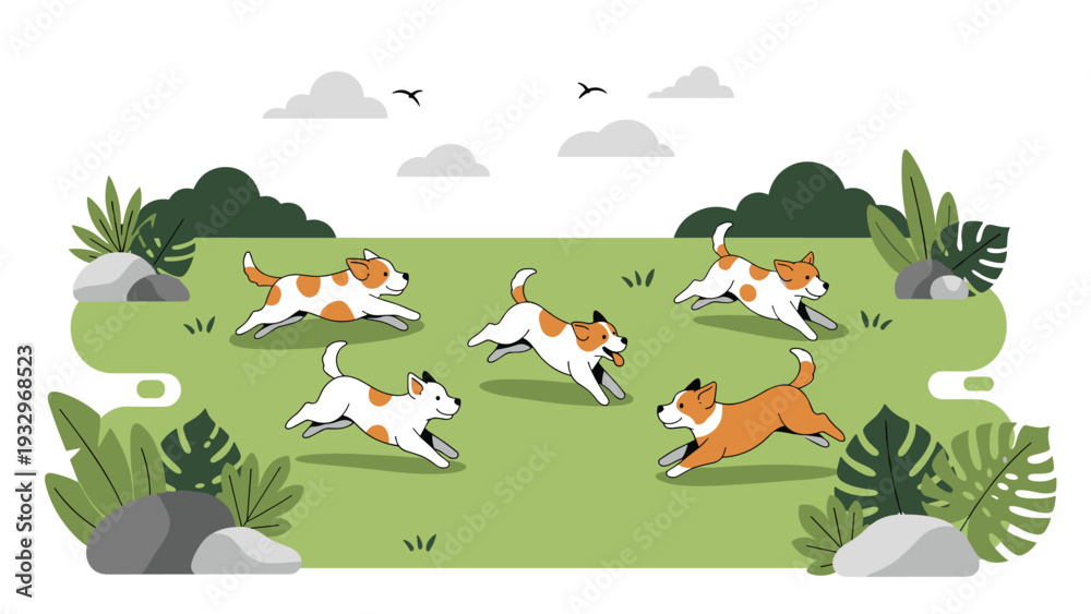 Naklejka premium Group of energetic young puppies races across a lush green meadow filled with tropical plants and scattered gray rocks.