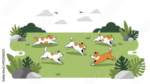 Group of energetic young puppies races across a lush green meadow filled with tropical plants and scattered gray rocks.