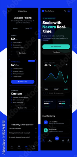"A sophisticated and futuristic mobile UI design utilizing a high-contrast dark mode aesthetic. The visual mood is professional, technical, and high-performance, dominated by deep navy and black tones