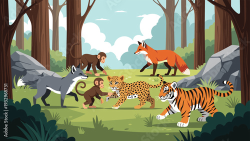 Majestic wild animals including a tiger, leopard, monkeys, and foxes gather in a vibrant sunlit forest clearing with tall trees.