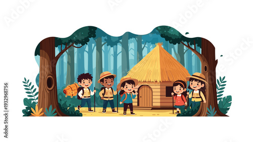 Brave group of young scouts hikes through a dense pine forest past a traditional thatched roof hut on an outdoor adventure.