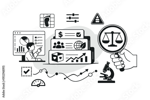 Modern minimal flat vector conceptual collage, crisp hard edges, consistent THIN outline stroke, rounded corners where needed,