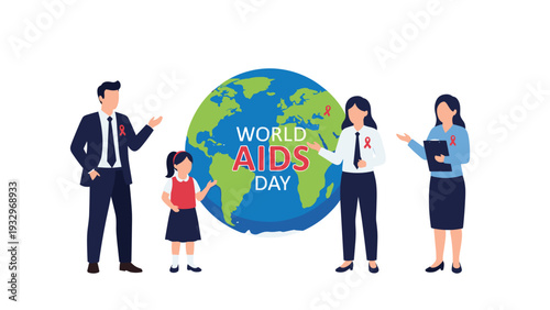 Diverse group of professionals and a student stand around a large Earth globe to commemorate and raise awareness for World AIDS Day.