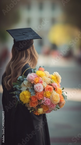 Graduate holding colorful bouquet at outdoor ceremony