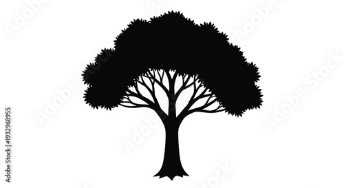A striking black silhouette of a lush full tree with intricate branching patterns against a stark white background silhouette