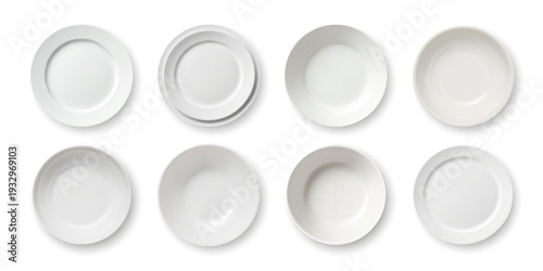 Set of empty white ceramic plates isolated on white background. Realistic 3d vector mockup.