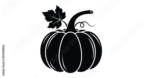 A striking black silhouette of a pumpkin with a leafy stem and curling vine offering autumnal vibes silhouette