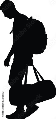 Tired young traveler silhouette walks slowly while awkwardly carrying a heavy backpack and a large duffel bag in profile view.