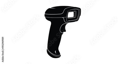 A stark black silhouette of a handheld barcode scanner showcasing its ergonomic design and functional form silhouette high quality