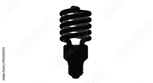 A stark black silhouette of a compact fluorescent lamp showcasing its coiled form and screw base silhouette high quality