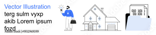 Business innovation, real estate, data management, digital storage, technology, homeownership. Businessman holding lightbulb, house diagram folder with binary code. Business innovation and digital