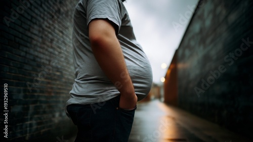 Wallpaper Mural Person with Enlarged Belly Posing in Rainy Alleyway at Dusk Torontodigital.ca