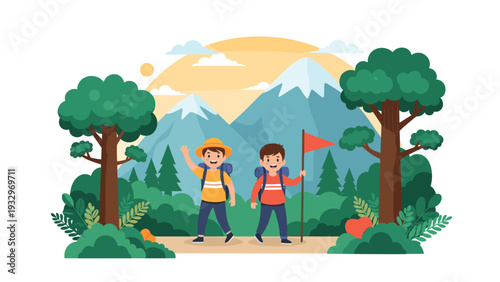 Two happy young scouts with backpacks hike through a majestic mountain landscape under a warm sunset sky on their trek.