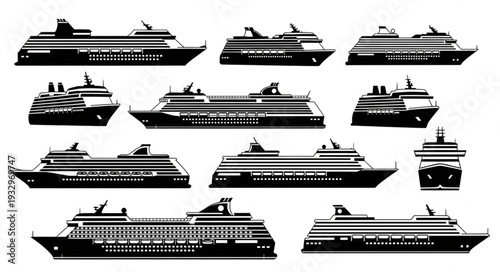 Collection of cruise ships silhouettes, various angles and designs, travel and transport concept.