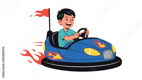 Joyful boy confidently driving a vibrant blue bumper car adorned with flames, experiencing the thrill of an amusement park ride.