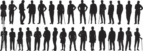 Collection of male and female silhouettes in formal and casual attire on white background people women