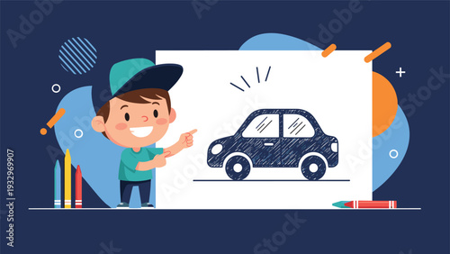 Happy boy proudly pointing at his crayon drawing of a car on a white sheet, surrounded by colorful abstract shapes.