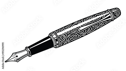 Elegant and classic fountain pen with intricate scrollwork and a finely detailed nib, symbolizing luxury writing and timeless craftsmanship.