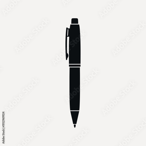 Black silhouette of a ballpoint pen with a clip against a light grey background writing instrument