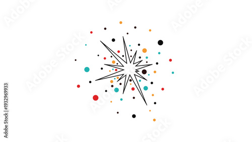 Dynamic and abstract explosion illustration featuring sharp star-like lines and scattered colorful dots, representing impact or celebration.