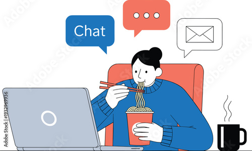 Woman Eating Noodles While Working on Laptop Online Chat and Messaging Concept Vector Illustration