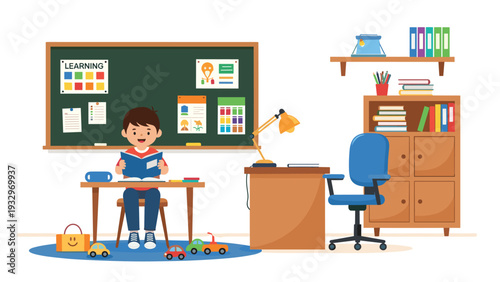 Young student enjoys reading a blue book while sitting at his classroom desk with educational posters and school supplies.