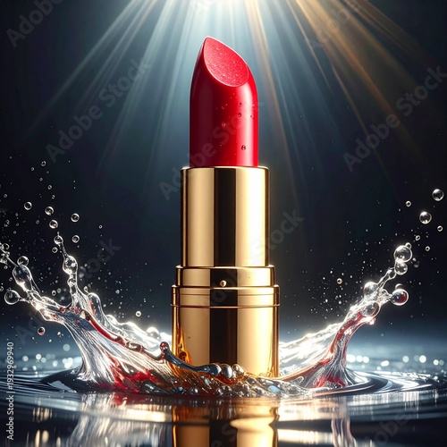 A red lipstick emerging from clear water with bubbles and soft light rays, dark background, beauty product commercial photography